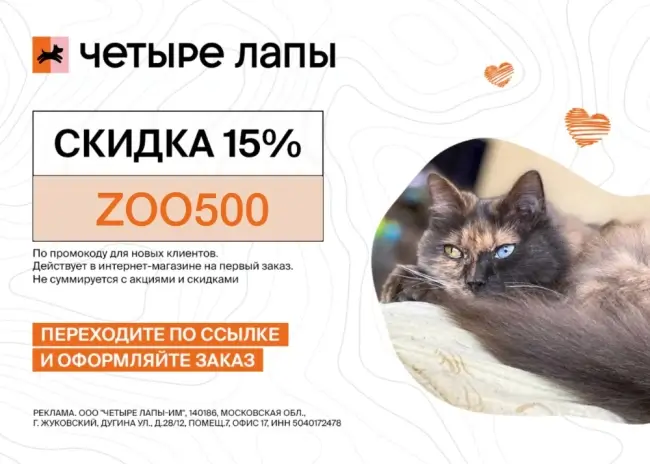 Скидка 15% по промокоду на первый заказ в Четыре Лапы
