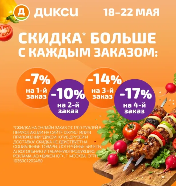 Скидка до 17% по промокоду на заказ в Дикси
